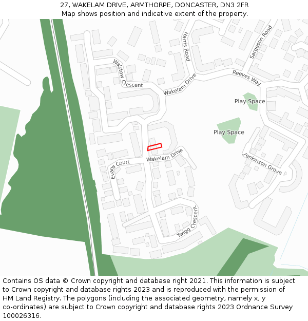 27, WAKELAM DRIVE, ARMTHORPE, DONCASTER, DN3 2FR: Location map and indicative extent of plot