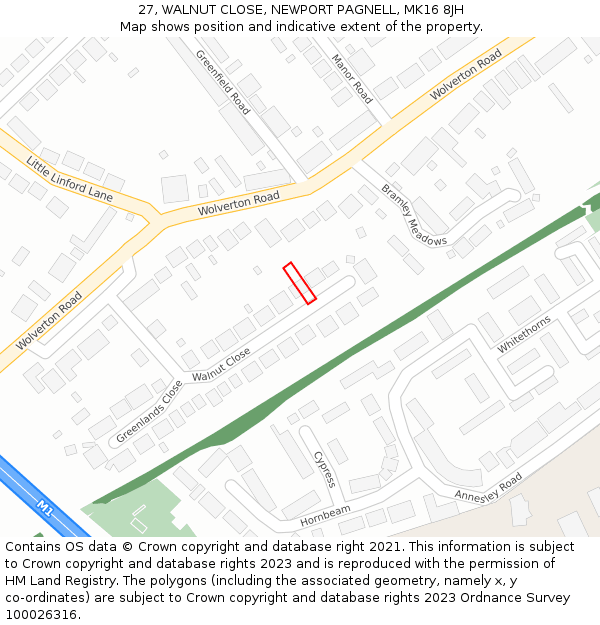 27, WALNUT CLOSE, NEWPORT PAGNELL, MK16 8JH: Location map and indicative extent of plot