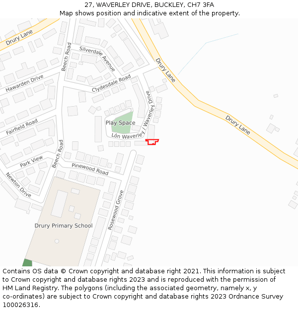 27, WAVERLEY DRIVE, BUCKLEY, CH7 3FA: Location map and indicative extent of plot