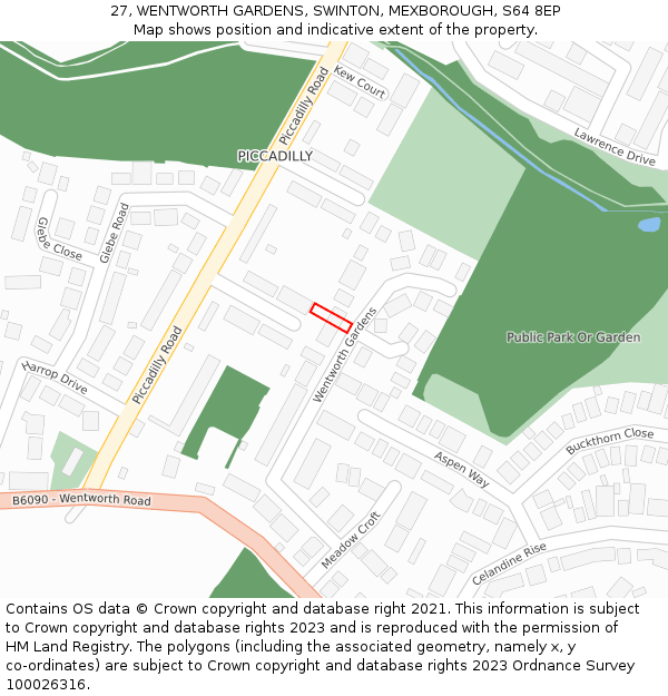 27, WENTWORTH GARDENS, SWINTON, MEXBOROUGH, S64 8EP: Location map and indicative extent of plot