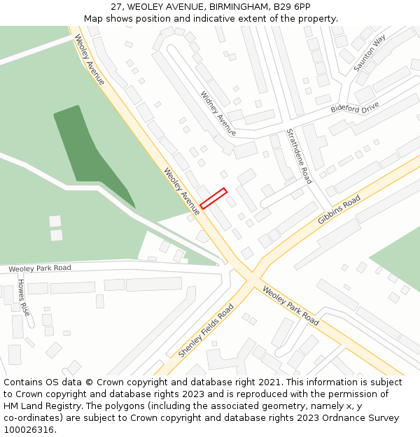 27, WEOLEY AVENUE, BIRMINGHAM, B29 6PP: Location map and indicative extent of plot