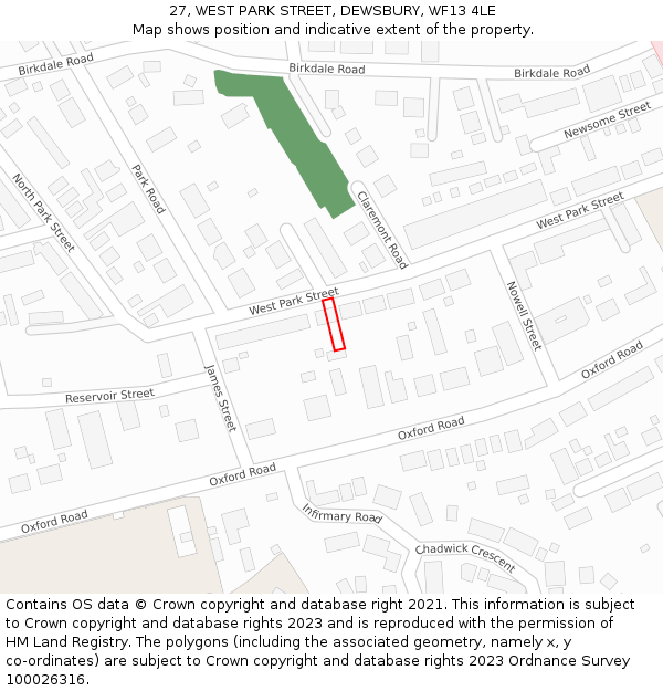 27, WEST PARK STREET, DEWSBURY, WF13 4LE: Location map and indicative extent of plot