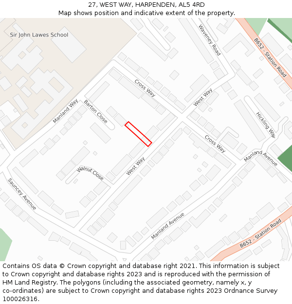 27, WEST WAY, HARPENDEN, AL5 4RD: Location map and indicative extent of plot