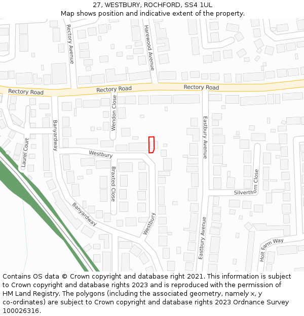 27, WESTBURY, ROCHFORD, SS4 1UL: Location map and indicative extent of plot