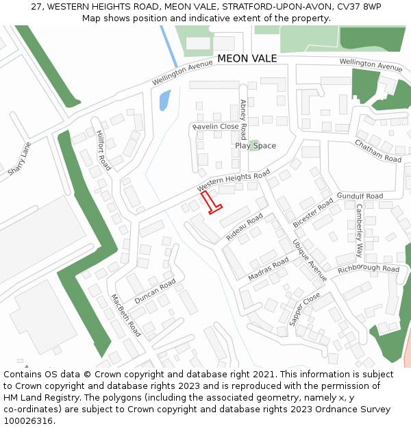 27, WESTERN HEIGHTS ROAD, MEON VALE, STRATFORD-UPON-AVON, CV37 8WP: Location map and indicative extent of plot