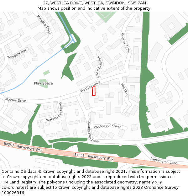 27, WESTLEA DRIVE, WESTLEA, SWINDON, SN5 7AN: Location map and indicative extent of plot