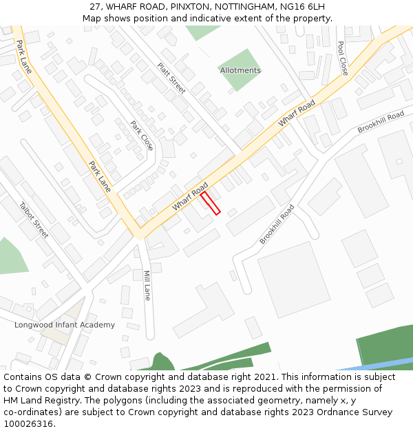 27, WHARF ROAD, PINXTON, NOTTINGHAM, NG16 6LH: Location map and indicative extent of plot