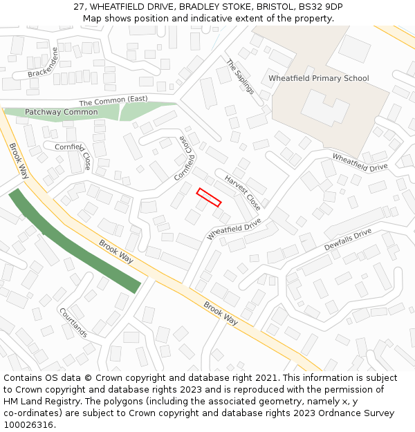 27, WHEATFIELD DRIVE, BRADLEY STOKE, BRISTOL, BS32 9DP: Location map and indicative extent of plot