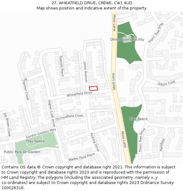 27, WHEATFIELD DRIVE, CREWE, CW1 4UD: Location map and indicative extent of plot