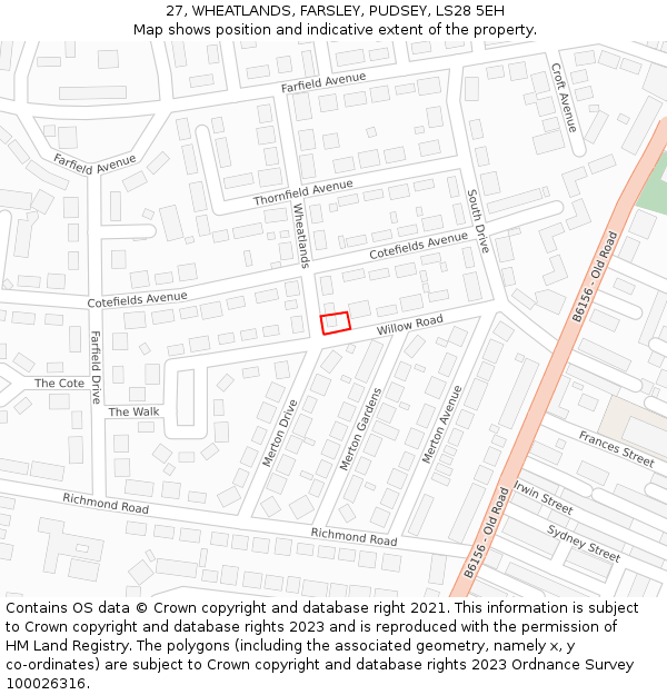 27, WHEATLANDS, FARSLEY, PUDSEY, LS28 5EH: Location map and indicative extent of plot