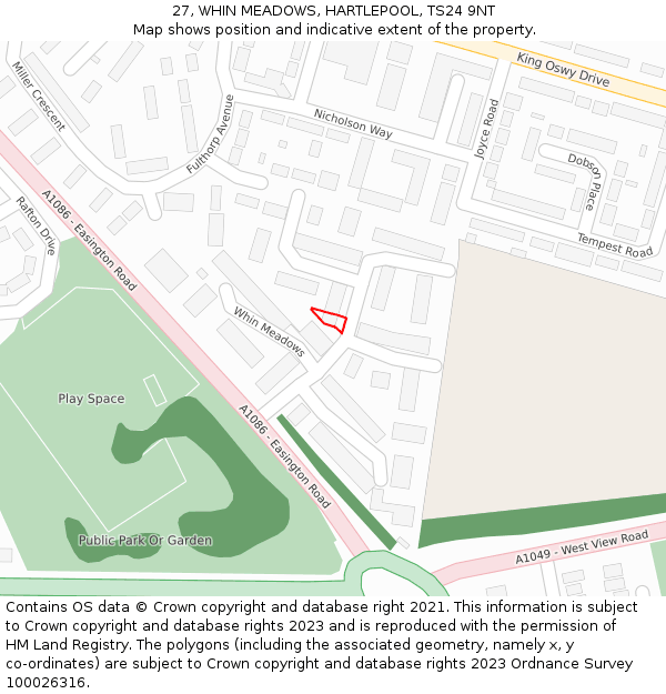 27, WHIN MEADOWS, HARTLEPOOL, TS24 9NT: Location map and indicative extent of plot