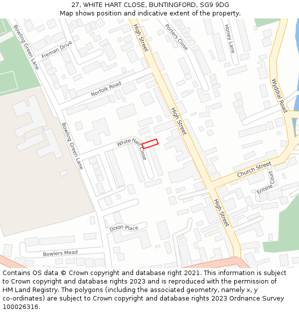 27, WHITE HART CLOSE, BUNTINGFORD, SG9 9DG: Location map and indicative extent of plot