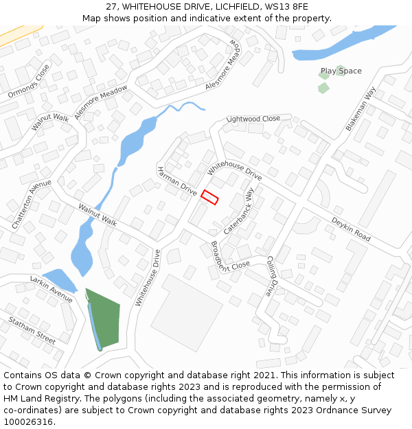 27, WHITEHOUSE DRIVE, LICHFIELD, WS13 8FE: Location map and indicative extent of plot
