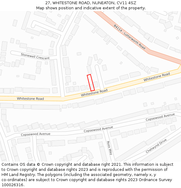 27, WHITESTONE ROAD, NUNEATON, CV11 4SZ: Location map and indicative extent of plot