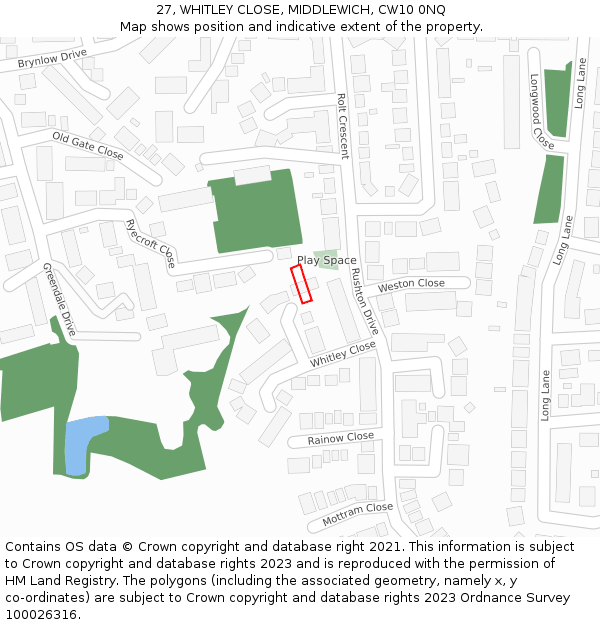 27, WHITLEY CLOSE, MIDDLEWICH, CW10 0NQ: Location map and indicative extent of plot