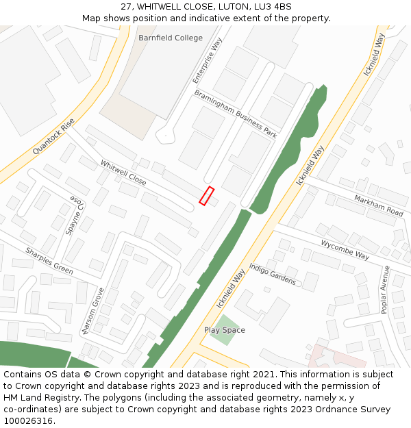 27, WHITWELL CLOSE, LUTON, LU3 4BS: Location map and indicative extent of plot