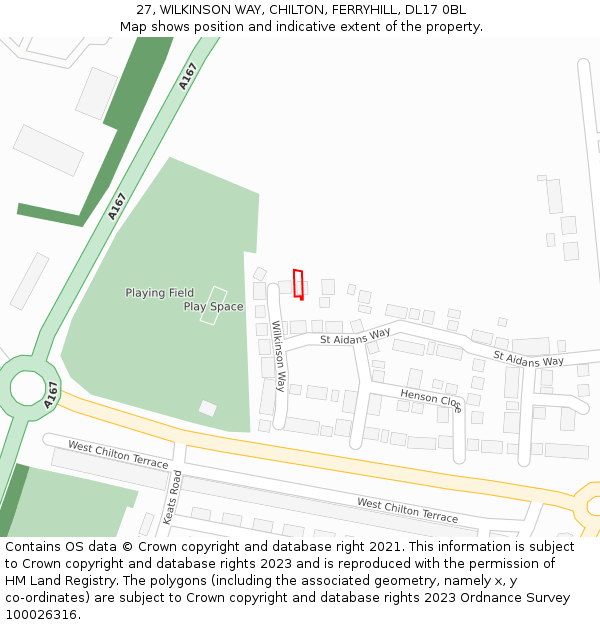 27, WILKINSON WAY, CHILTON, FERRYHILL, DL17 0BL: Location map and indicative extent of plot