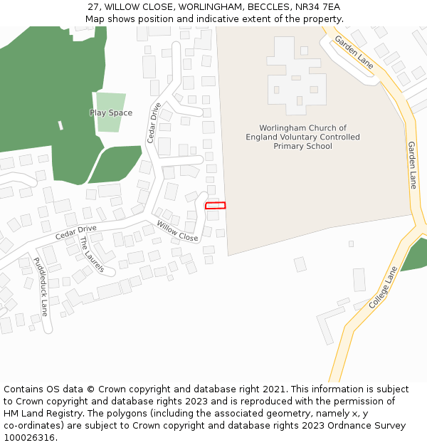 27, WILLOW CLOSE, WORLINGHAM, BECCLES, NR34 7EA: Location map and indicative extent of plot