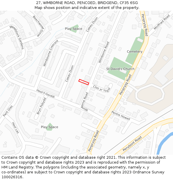 27, WIMBORNE ROAD, PENCOED, BRIDGEND, CF35 6SG: Location map and indicative extent of plot