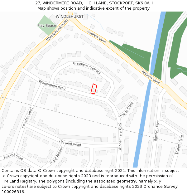 27, WINDERMERE ROAD, HIGH LANE, STOCKPORT, SK6 8AH: Location map and indicative extent of plot