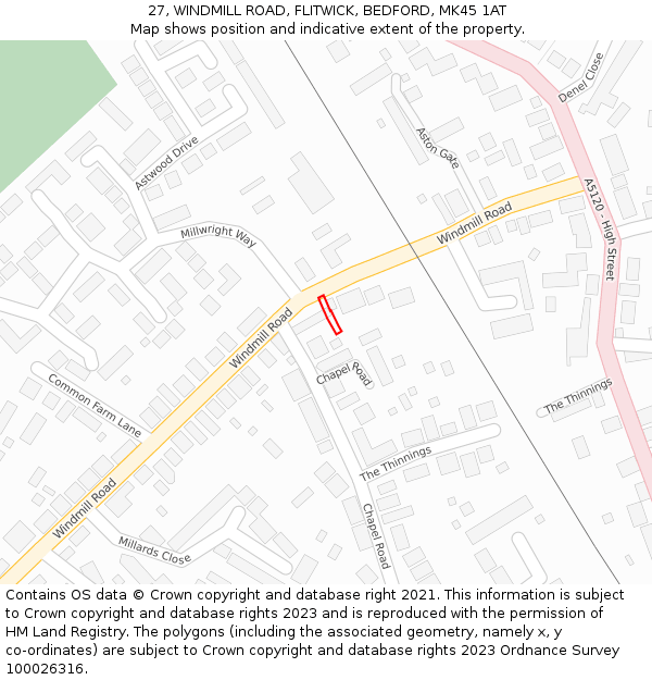 27, WINDMILL ROAD, FLITWICK, BEDFORD, MK45 1AT: Location map and indicative extent of plot