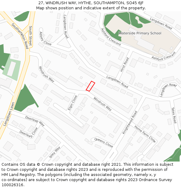 27, WINDRUSH WAY, HYTHE, SOUTHAMPTON, SO45 6JF: Location map and indicative extent of plot