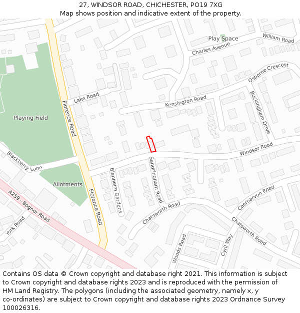 27, WINDSOR ROAD, CHICHESTER, PO19 7XG: Location map and indicative extent of plot