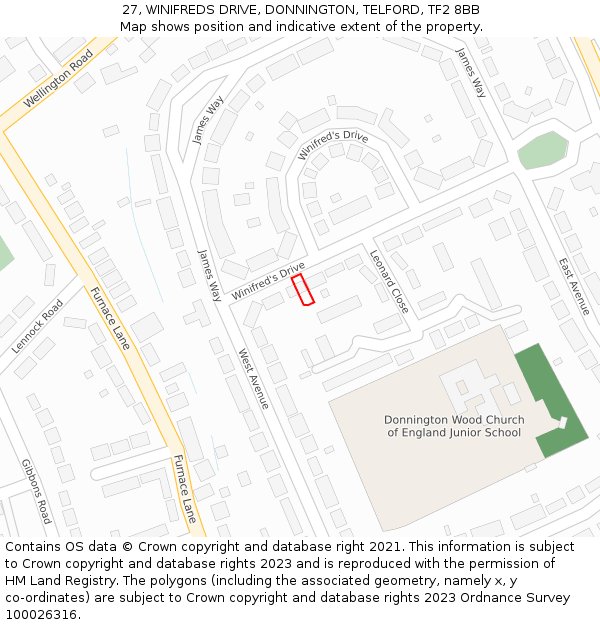 27, WINIFREDS DRIVE, DONNINGTON, TELFORD, TF2 8BB: Location map and indicative extent of plot