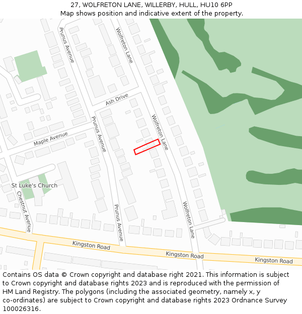 27, WOLFRETON LANE, WILLERBY, HULL, HU10 6PP: Location map and indicative extent of plot