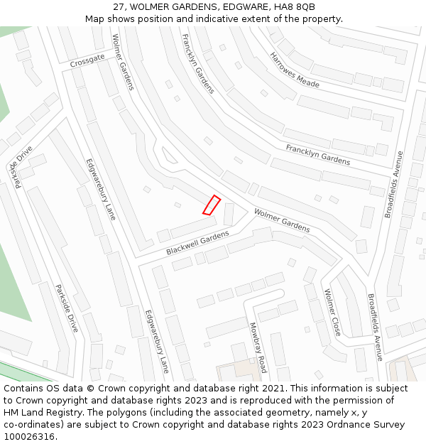 27, WOLMER GARDENS, EDGWARE, HA8 8QB: Location map and indicative extent of plot