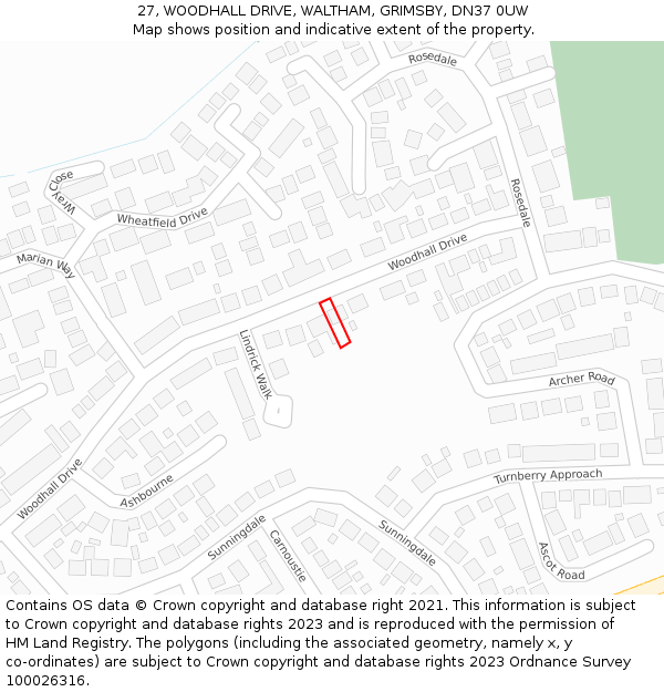 27, WOODHALL DRIVE, WALTHAM, GRIMSBY, DN37 0UW: Location map and indicative extent of plot