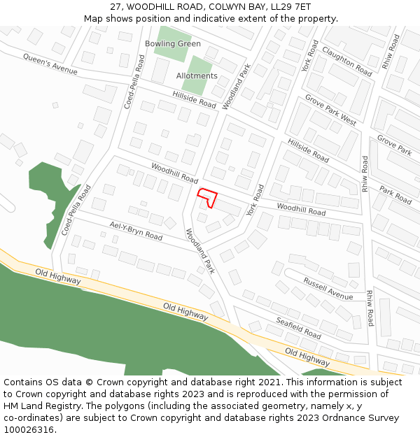 27, WOODHILL ROAD, COLWYN BAY, LL29 7ET: Location map and indicative extent of plot