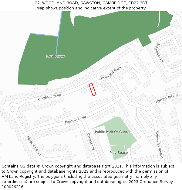 27, WOODLAND ROAD, SAWSTON, CAMBRIDGE, CB22 3DT: Location map and indicative extent of plot