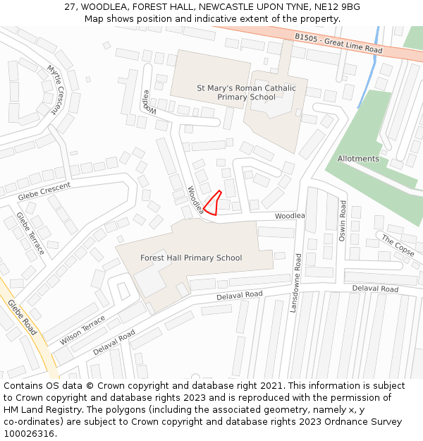 27, WOODLEA, FOREST HALL, NEWCASTLE UPON TYNE, NE12 9BG: Location map and indicative extent of plot