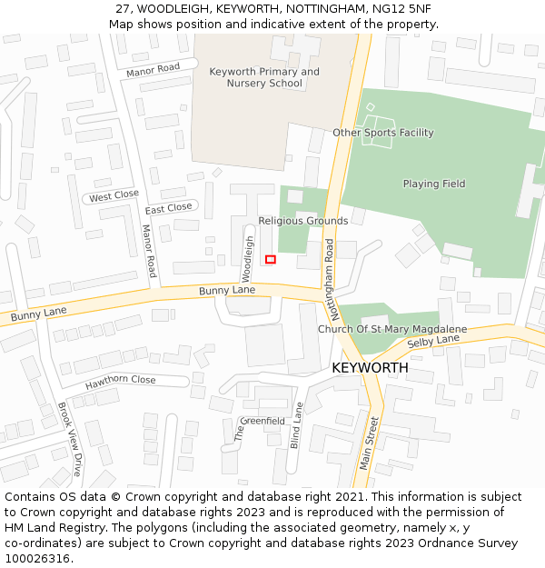 27, WOODLEIGH, KEYWORTH, NOTTINGHAM, NG12 5NF: Location map and indicative extent of plot