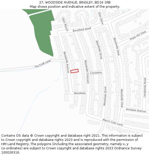 27, WOODSIDE AVENUE, BINGLEY, BD16 1RB: Location map and indicative extent of plot