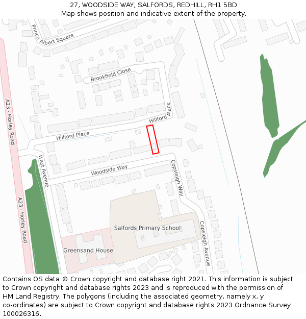 27, WOODSIDE WAY, SALFORDS, REDHILL, RH1 5BD: Location map and indicative extent of plot