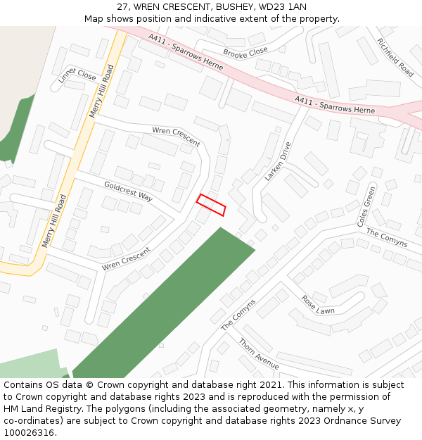 27, WREN CRESCENT, BUSHEY, WD23 1AN: Location map and indicative extent of plot