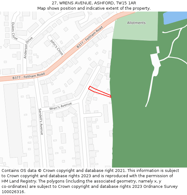 27, WRENS AVENUE, ASHFORD, TW15 1AR: Location map and indicative extent of plot