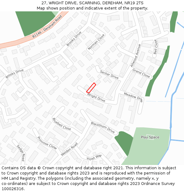 27, WRIGHT DRIVE, SCARNING, DEREHAM, NR19 2TS: Location map and indicative extent of plot