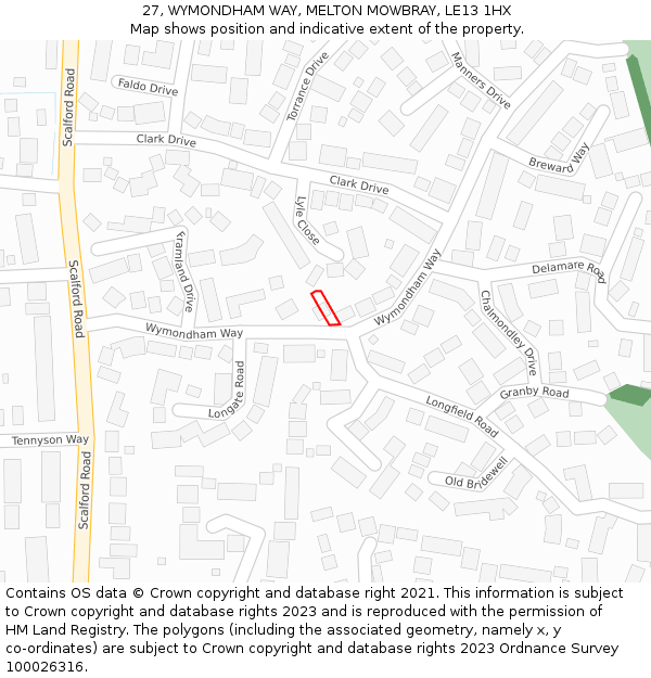 27, WYMONDHAM WAY, MELTON MOWBRAY, LE13 1HX: Location map and indicative extent of plot