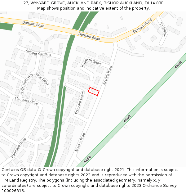 27, WYNYARD GROVE, AUCKLAND PARK, BISHOP AUCKLAND, DL14 8RF: Location map and indicative extent of plot