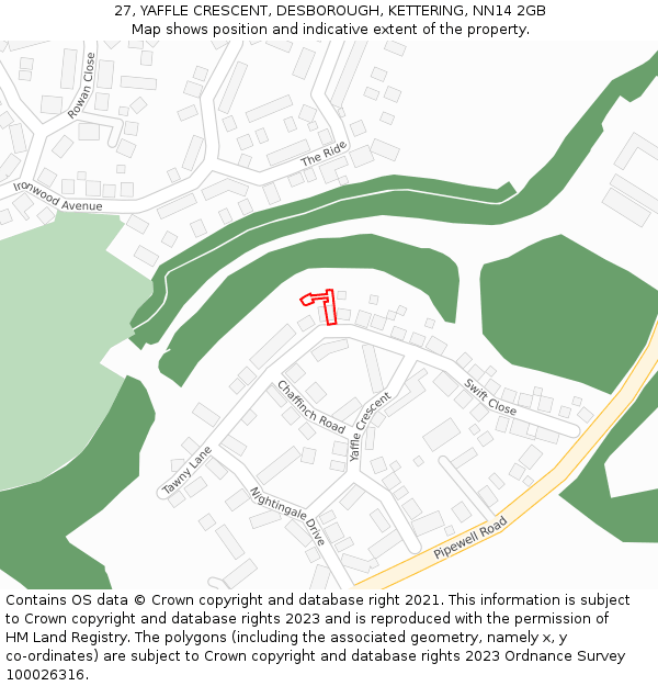 27, YAFFLE CRESCENT, DESBOROUGH, KETTERING, NN14 2GB: Location map and indicative extent of plot