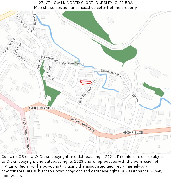 27, YELLOW HUNDRED CLOSE, DURSLEY, GL11 5BA: Location map and indicative extent of plot