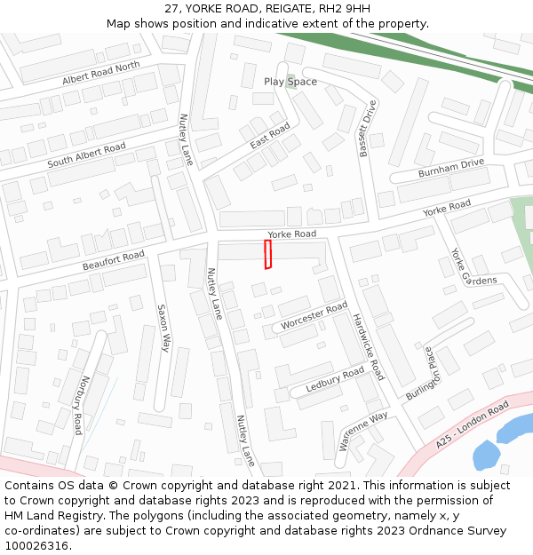 27, YORKE ROAD, REIGATE, RH2 9HH: Location map and indicative extent of plot