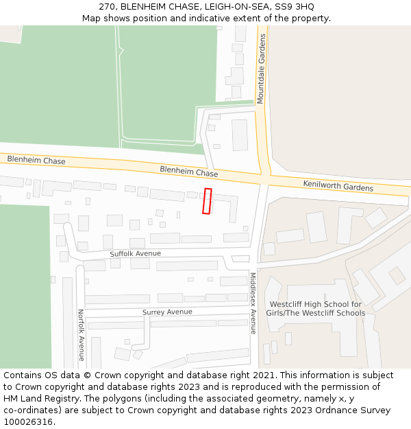 270, BLENHEIM CHASE, LEIGH-ON-SEA, SS9 3HQ: Location map and indicative extent of plot