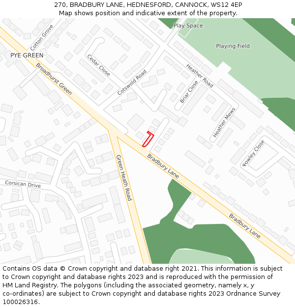 270, BRADBURY LANE, HEDNESFORD, CANNOCK, WS12 4EP: Location map and indicative extent of plot