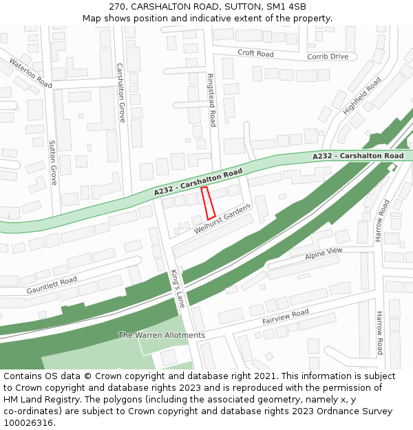 270, CARSHALTON ROAD, SUTTON, SM1 4SB: Location map and indicative extent of plot