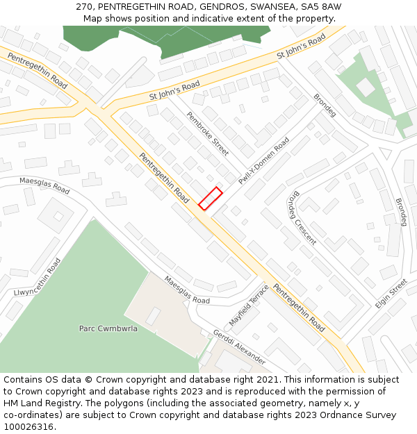 270, PENTREGETHIN ROAD, GENDROS, SWANSEA, SA5 8AW: Location map and indicative extent of plot