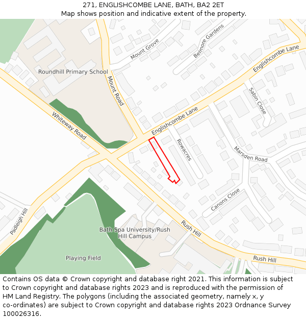 271, ENGLISHCOMBE LANE, BATH, BA2 2ET: Location map and indicative extent of plot